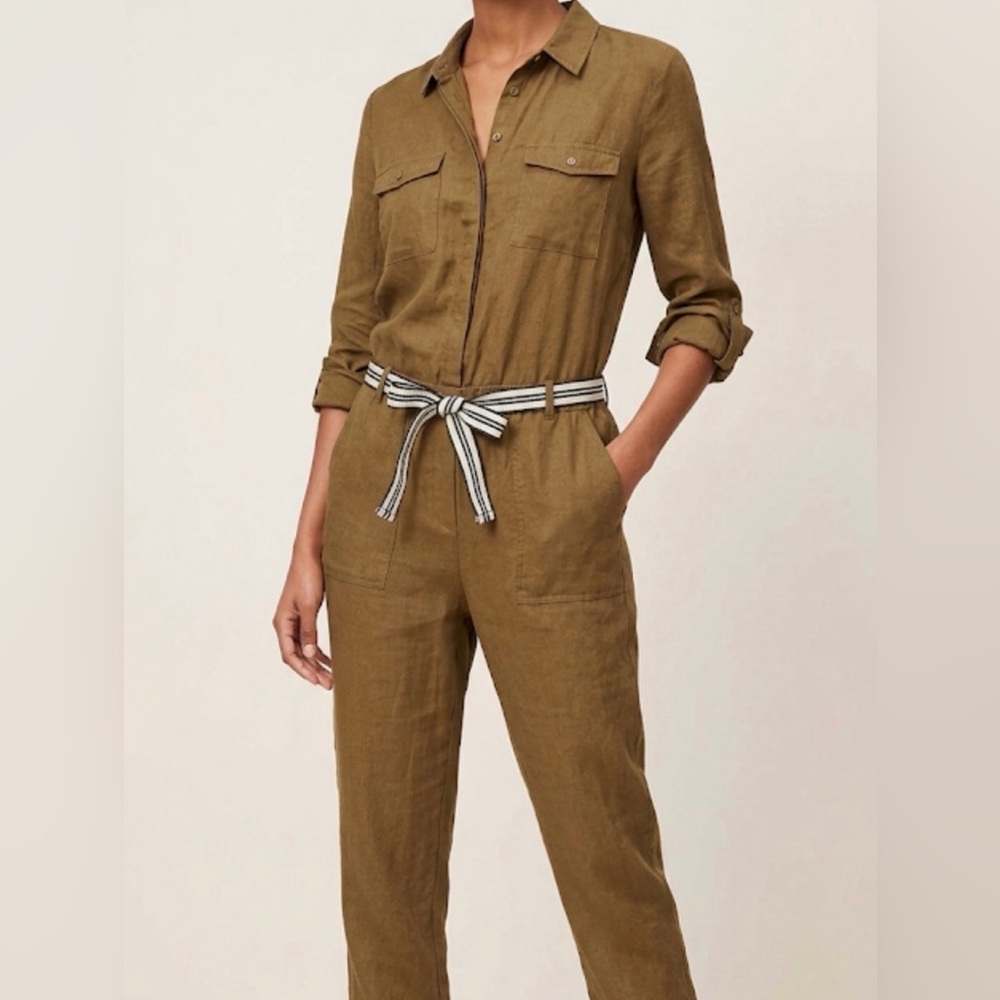 LOFT Brown Utility Jumpsuit with Striped Drawstring！SALE